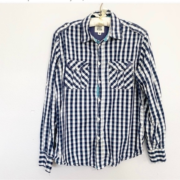 PAPER DEMIN & CLOTH Mens Blue Plaid Roll Tab Sleeve Button Down Shirt Pockets M - Picture 1 of 5